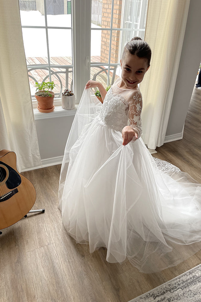 long sleeve flower girl dresses lace and tulle A-Line Illusion Long Sleeve Lace/Tulle Flower Girl Dress COCOMELODY 676090301354, 7 Days / As Picture / 80cm