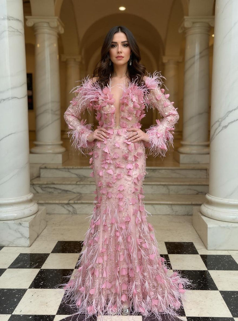 Pink Long Sleeve Mermaid Prom Dress with Feather