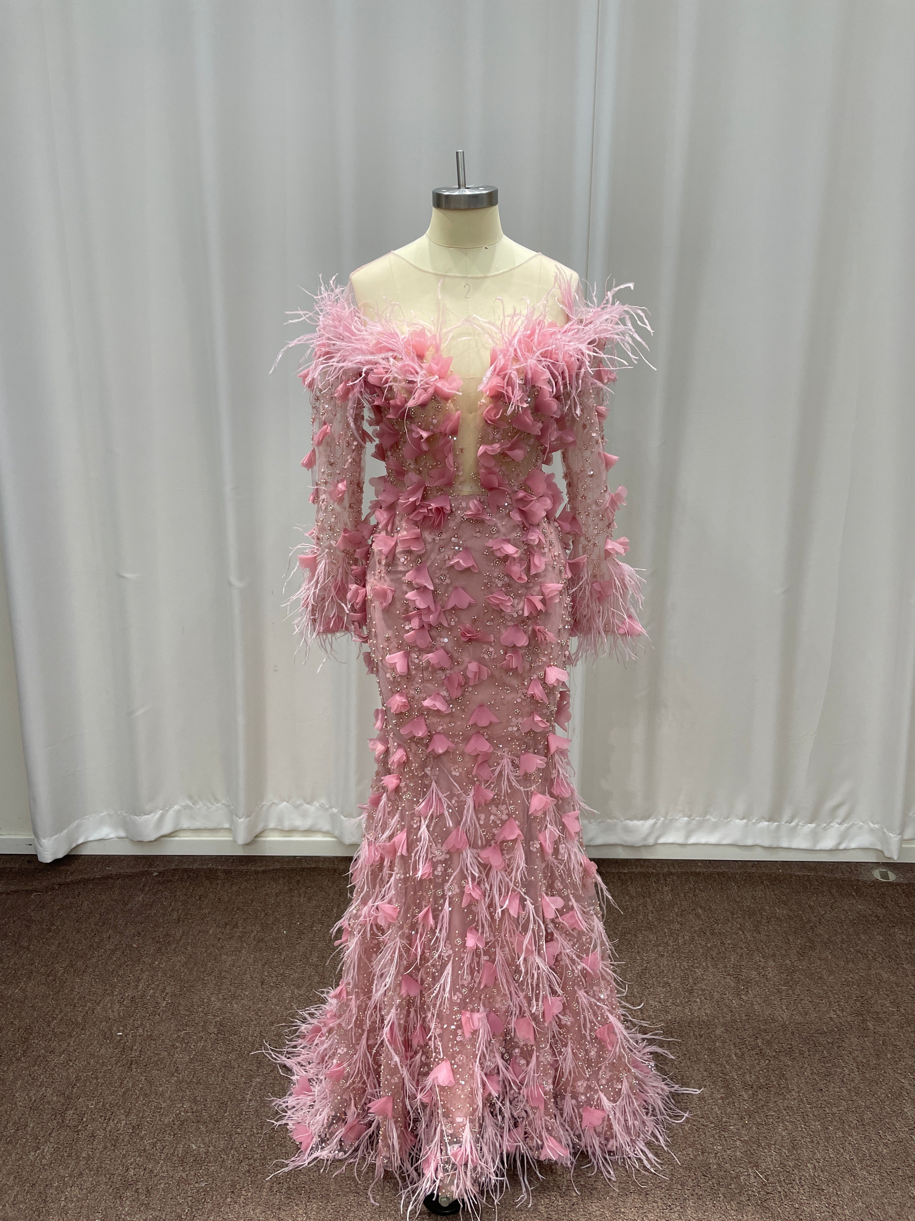 27DRESS Cute Pink Long Sleeves Mermaid Evening Dresses with Feather