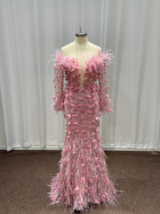 27DRESS Cute Pink Long Sleeves Mermaid Evening Dresses with Feather