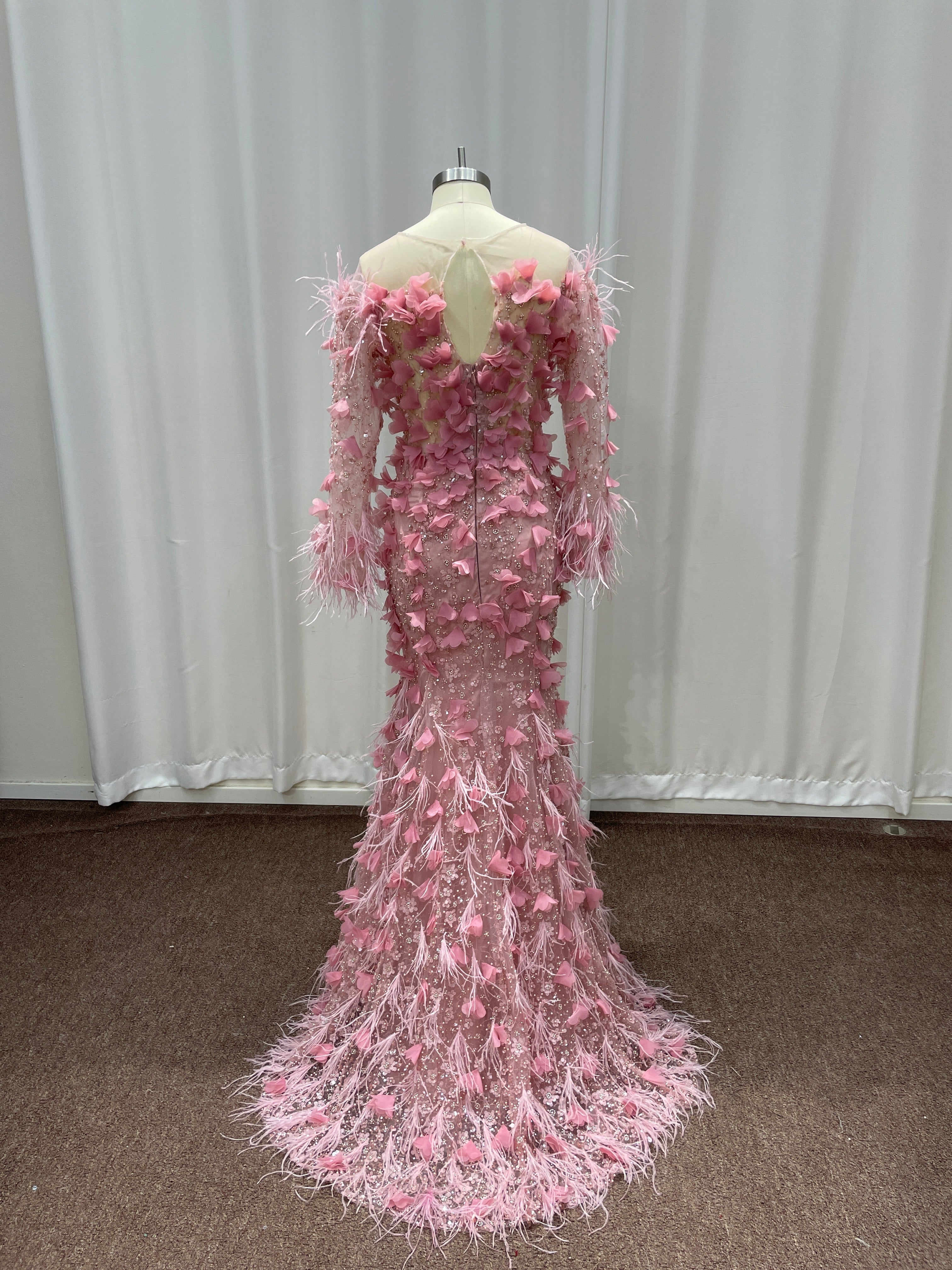 27DRESS Cute Pink Long Sleeves Mermaid Evening Dresses with Feather