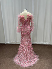 27DRESS Cute Pink Long Sleeves Mermaid Evening Dresses with Feather