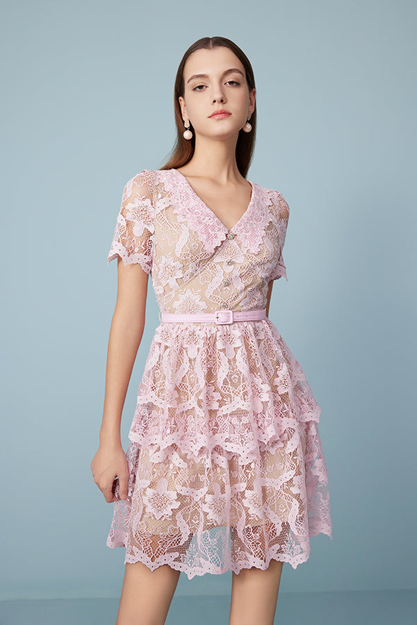 27Dress Cute Pink Short Sleeves V-neck Short Dresses