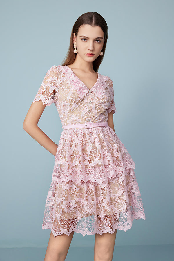 27Dress Cute Pink Short Sleeves V-neck Short Dresses