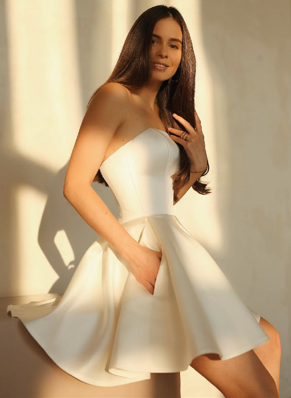 Cute Short A-line Satin Strapless Wedding Dresses with Pockets-27dress