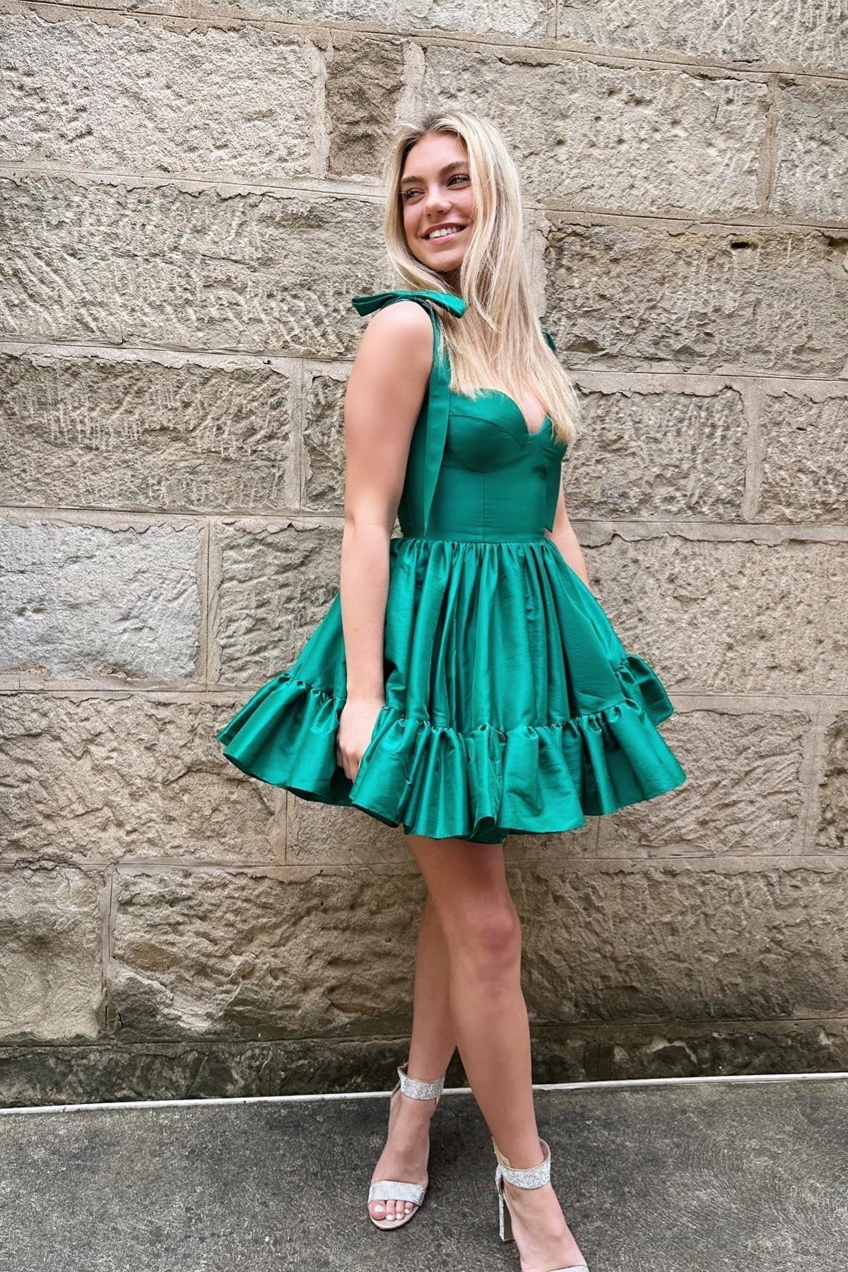 Cute Tie Straps Green Corset Ruffle Short Homecoming Dress