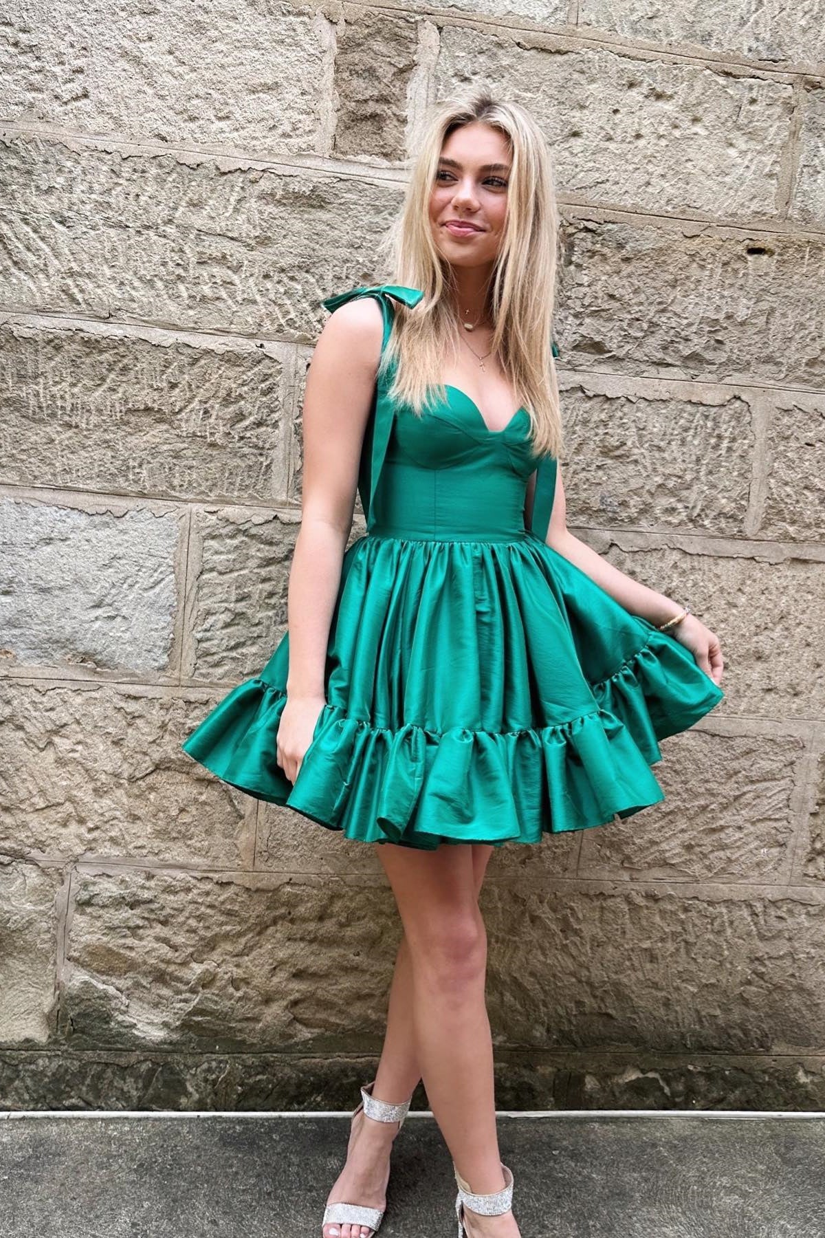 Cute Tie Straps Green Corset Ruffle Short Homecoming Dress