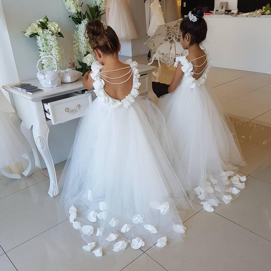 Cute Tulle Appliques Backless Flower Girl Dresses with Pearls-27dress