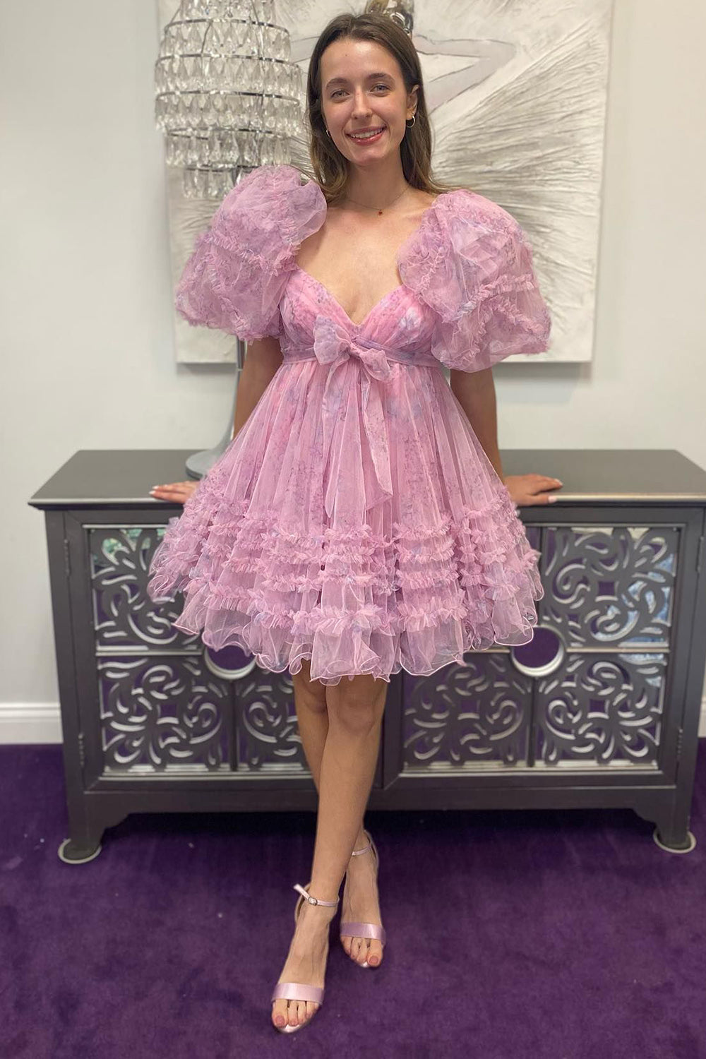 Fuchsia Puff Sleeves A-Line Floral Short Homecoming Dress with Ruffles