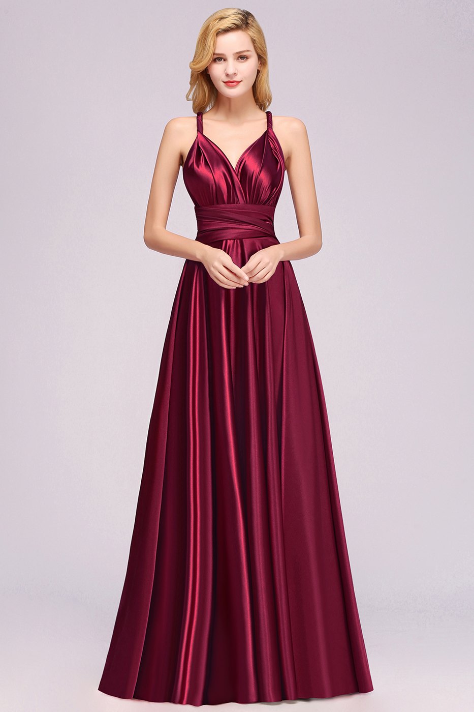 Wine Red V-Neck Satin A-Line Bridesmaid Dress