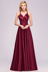 Wine Red V-Neck Satin A-Line Bridesmaid Dress