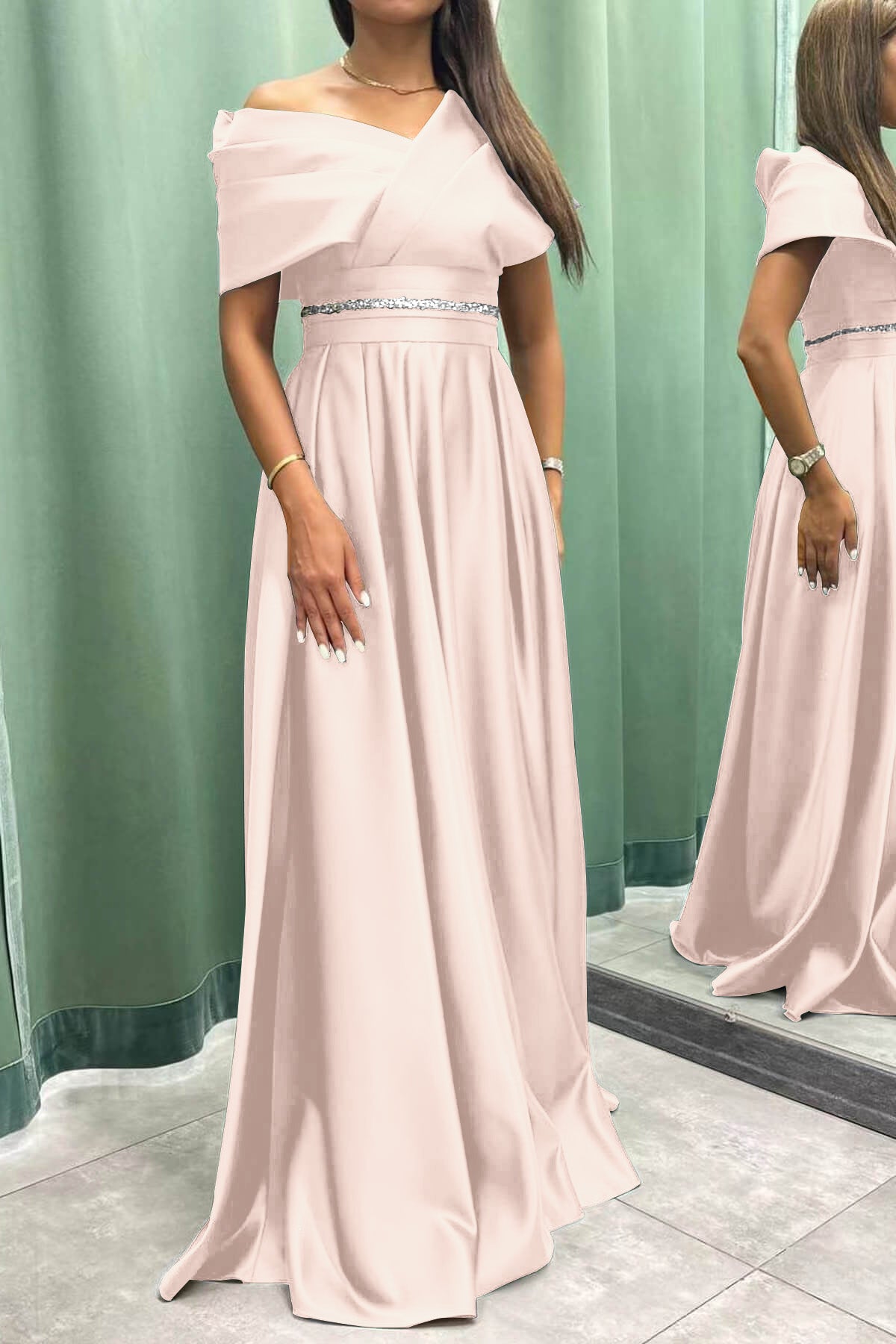 Elegant Off-the-Shoulder Long Pleated Evening Dress On Sale