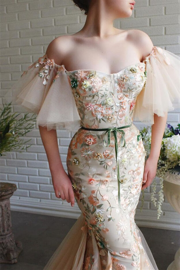 Off-The-Shoulder Strapless Mermaid Evening Dress with Flowers Beading and Appliques