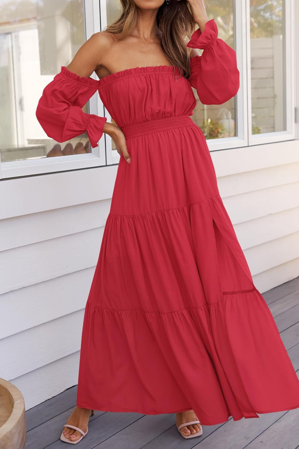 Boho Off-the-Shoulder Long Sleeves High Waist Formal Dress
