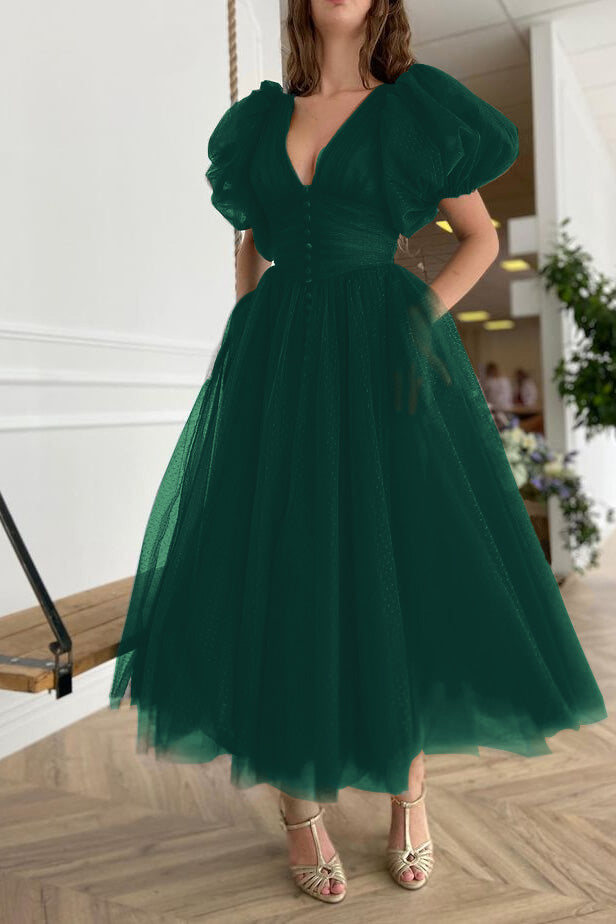 Dark Green V-Neck Short Sleeve A-Line Evening Dress On Sale