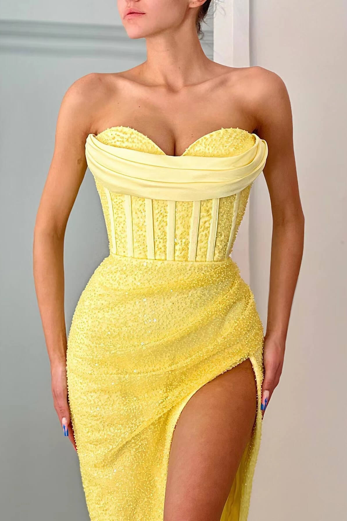 Daffodil Strapless Sweetheart Sleeveless Mermaid Prom Dress Split With Sequins