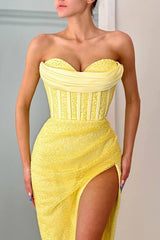 Daffodil Strapless Sweetheart Sleeveless Mermaid Prom Dress Split With Sequins