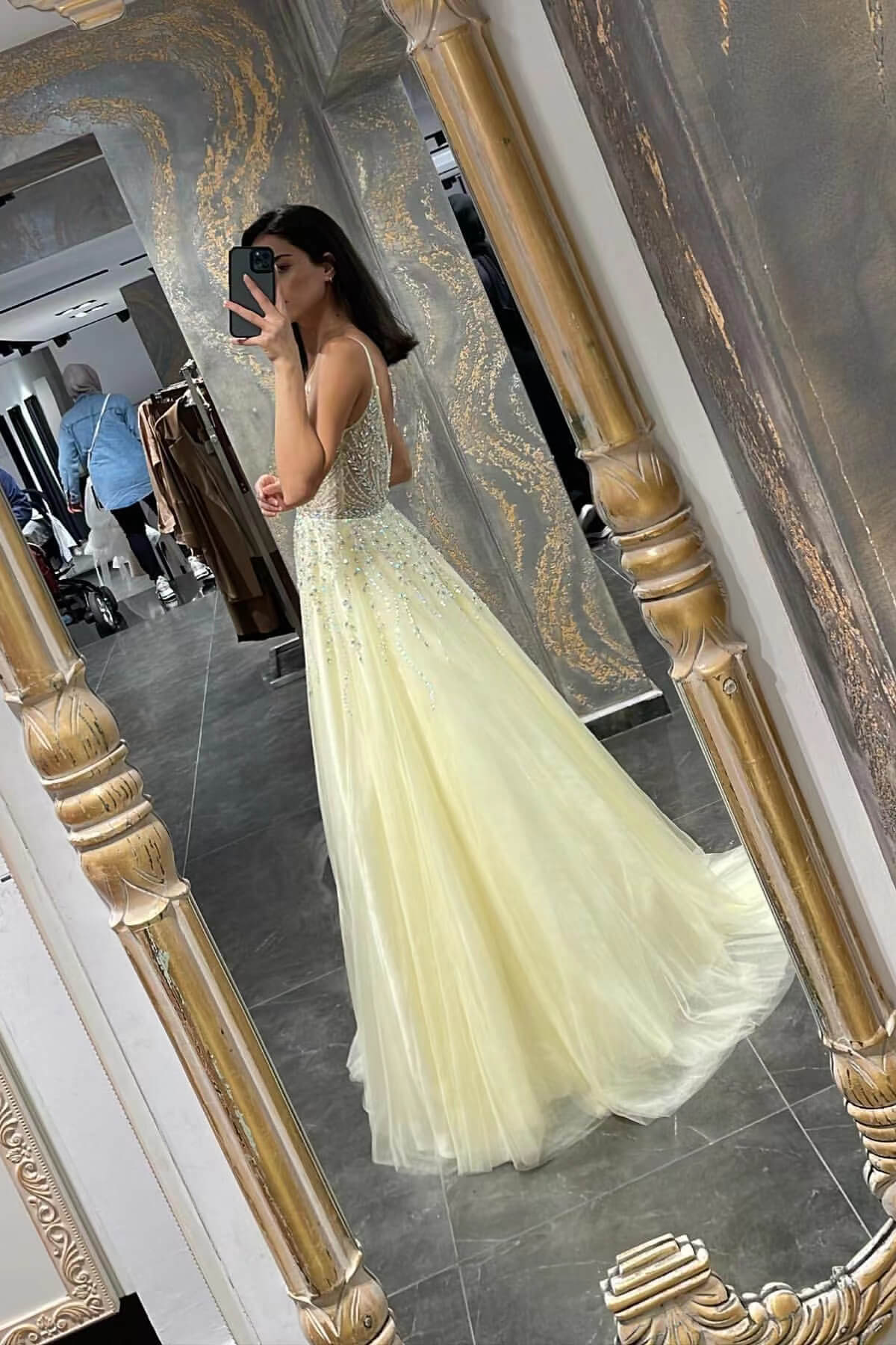 Daffodil Tulle Spaghetti Strap Sleeveless Prom Dress A Line With Beadings