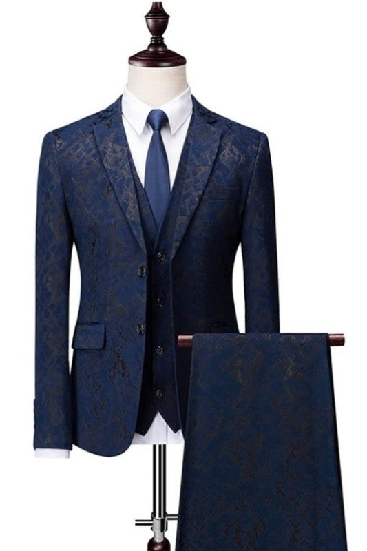 Dark Jacquard Three Pieces Notched Lapel Blue Prom Suits