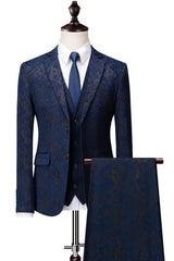 Dark Jacquard Three Pieces Notched Lapel Blue Prom Suits