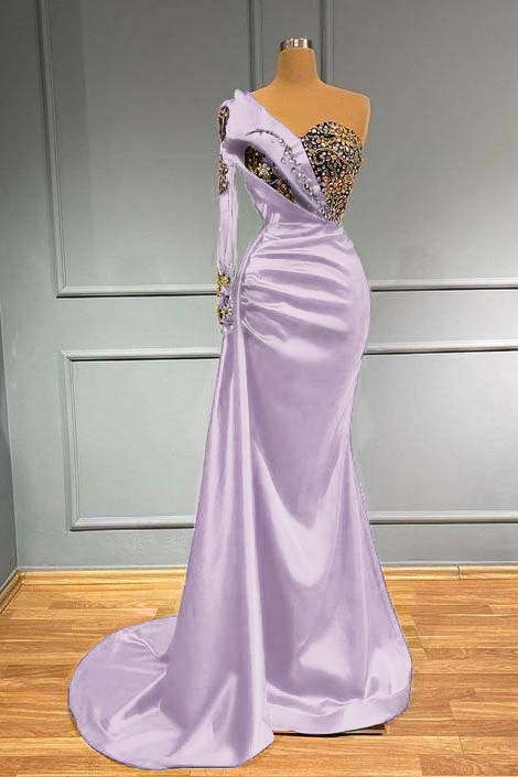 Dark Blue Long Sleeve One Shoulder Pleated Mermaid Prom Dress With Beadings