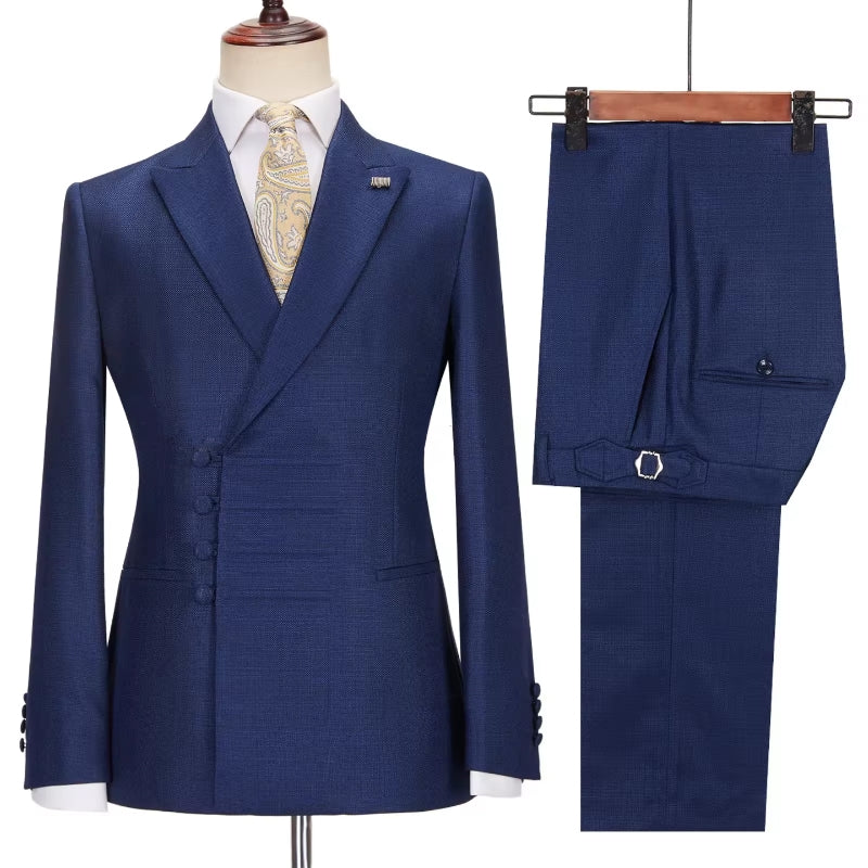 Dark Peaked Lapel Bespoke Blue Business Suits