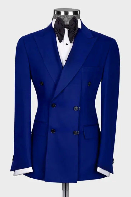 Dark Peaked Lapel Double Breasted Slim Fit Blue Prom Suits