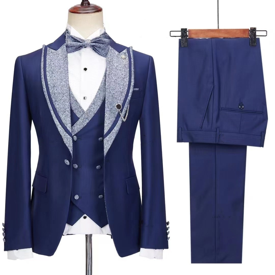 Dark Peaked Lapel Three Pieces Blue Prom Suits