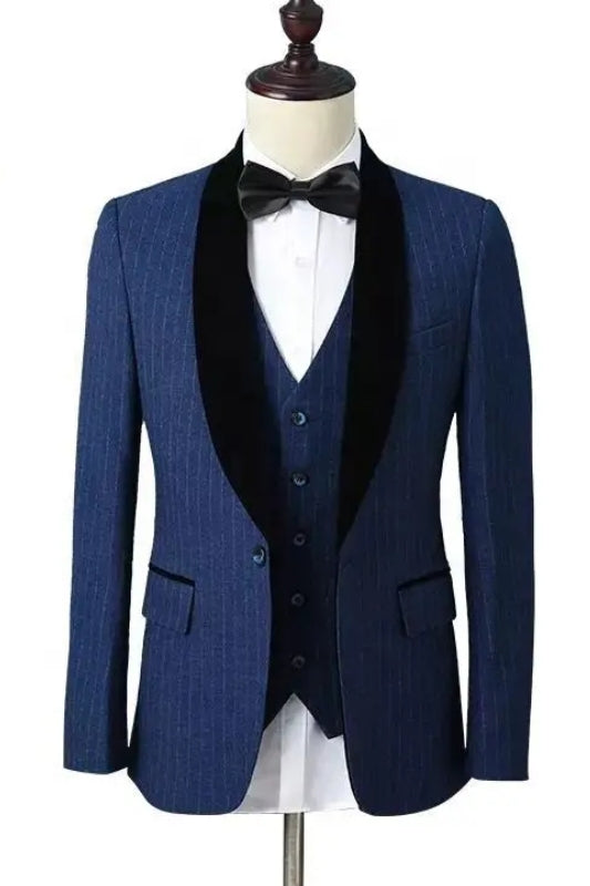 Dark Shawl Lapel Three Pieces Striped Blue Wedding Suits