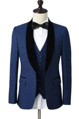 Dark Shawl Lapel Three Pieces Striped Blue Wedding Suits