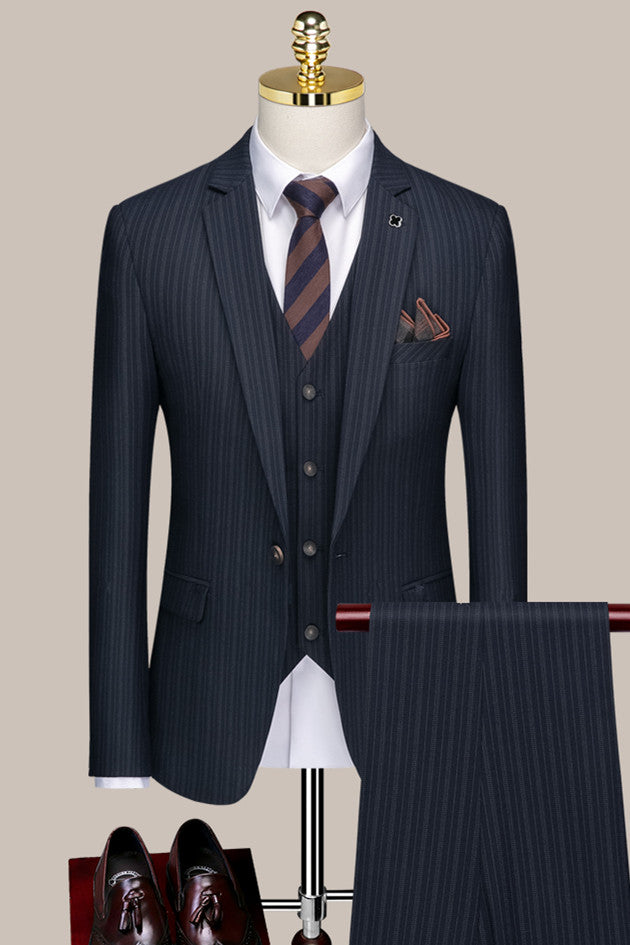 Dark Blue Striped Notched Lapel Three Pieces Formal Suits for Business