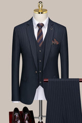 Dark Blue Striped Notched Lapel Three Pieces Formal Suits for Business