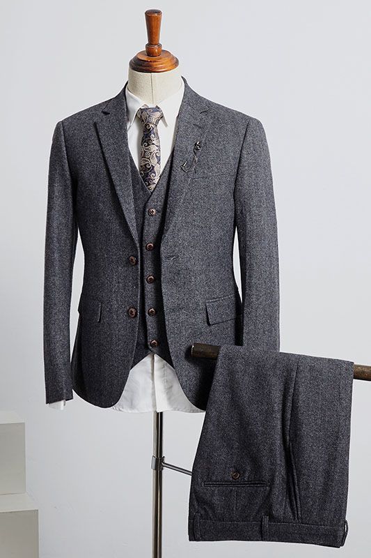Dark Gray Notched Lapel 2 Button Slim Fit Business Suit