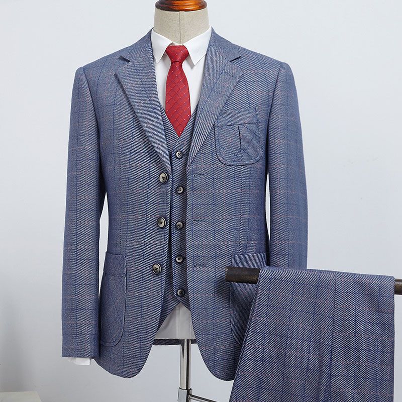Dark Gray Plaid 3 Pieces Notched Lapel Formal Menswear