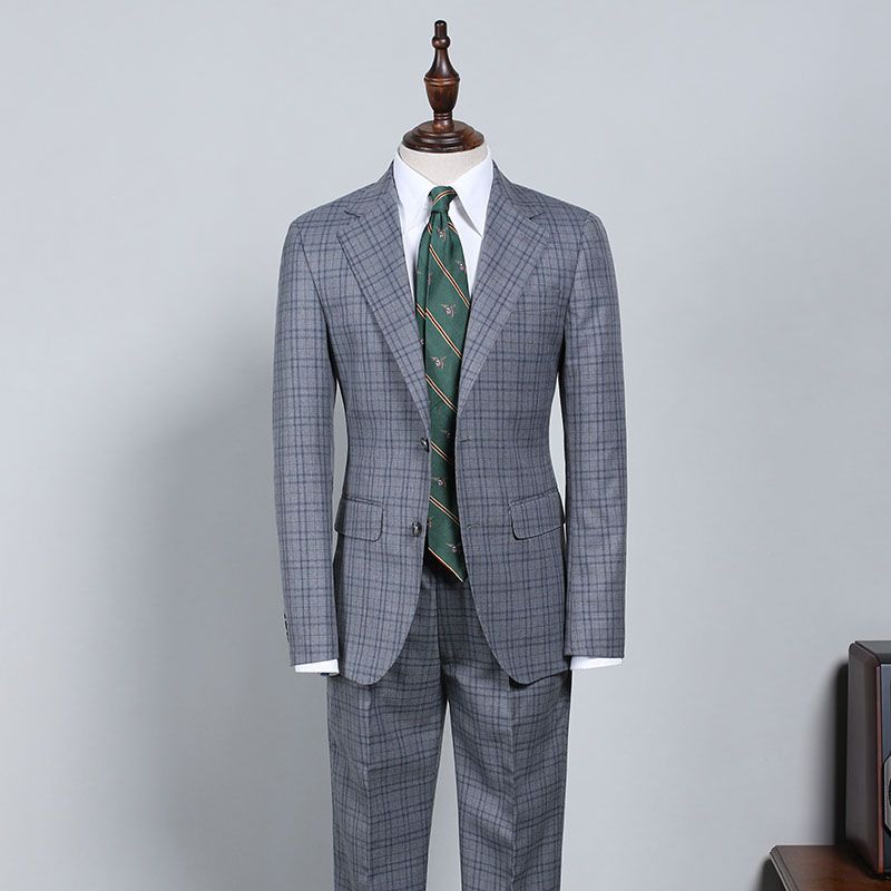 Dark Gray Plaid Notched Lapel Slim Fit Formal Menswear