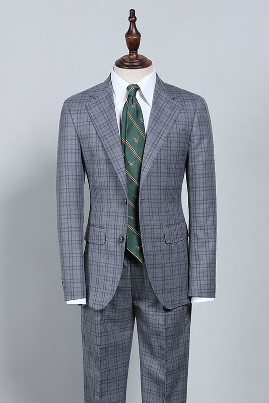 Dark Gray Plaid Notched Lapel Slim Fit Formal Menswear