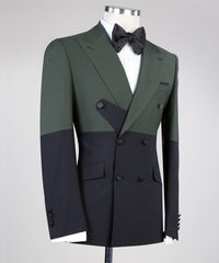 Dark Green and Black Double Breasted Close Fitting Men Suits