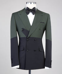 Dark Green and Black Double Breasted Close Fitting Men Suits