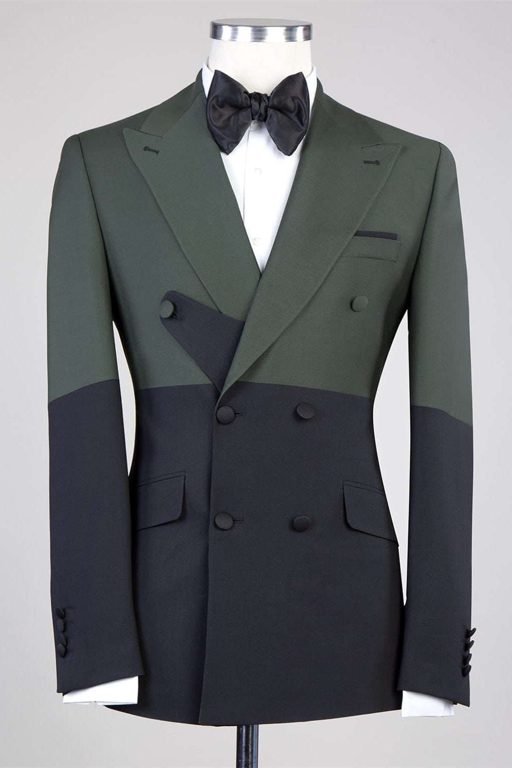 Dark Green and Black Double Breasted Close Fitting Men Suits