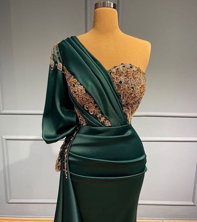 Dark Green Beadings One Shoulder Mermaid Long Prom Dress With Appliques