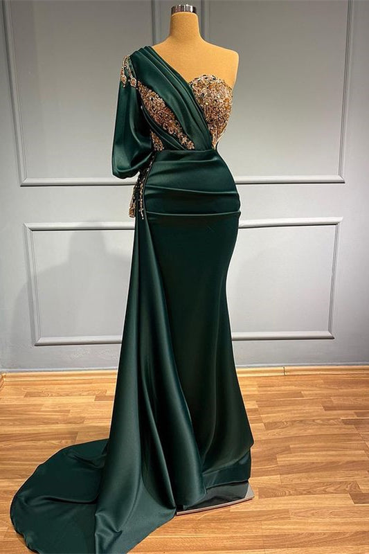 Dark Green Beadings One Shoulder Mermaid Long Prom Dress With Appliques