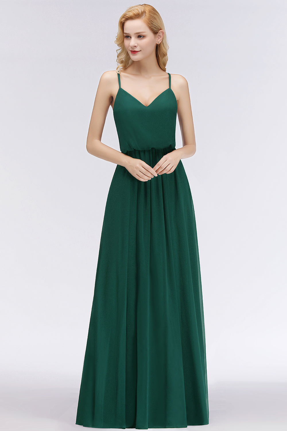Dark Green Chiffon Spaghetti-Straps Modest Bridesmaid Dress Online-27dress