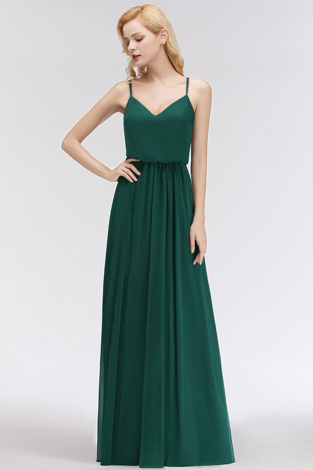 Dark Green Chiffon Spaghetti-Straps Modest Bridesmaid Dress Online-27dress