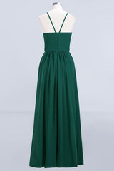 Dark Green Chiffon Spaghetti-Straps Modest Bridesmaid Dress Online-27dress