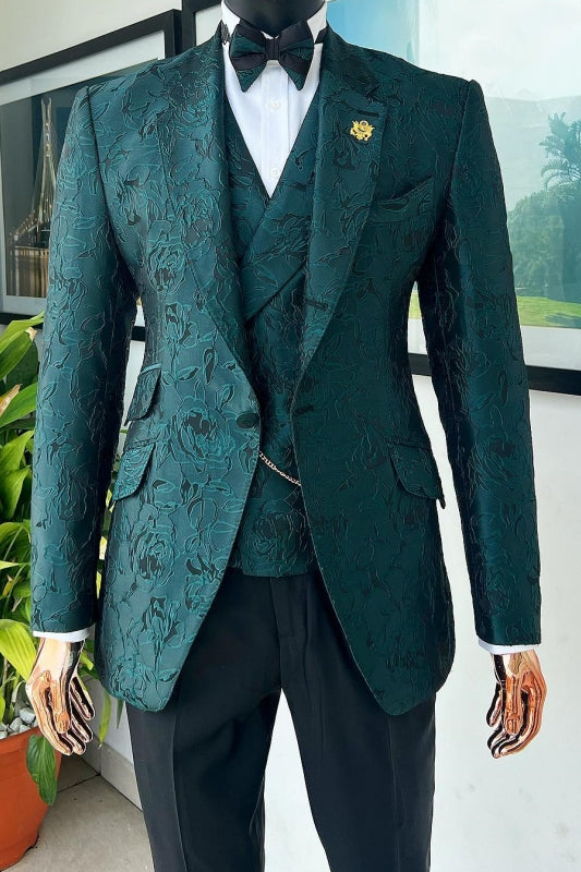 Dark Jacquard Notched Lapel Three Pieces Fancy Green Prom Suits