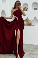 Dark Green Long Ruffles Satin One Shoulder Mermaid Evening Dress with Split-27dress