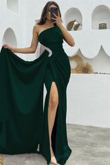 Dark Green Long Ruffles Satin One Shoulder Mermaid Evening Dress with Split-27dress
