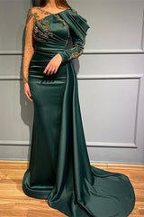 Dark Green Mermaid Long Sleeves Beads Prom Dress With Appliques