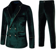 Dark Notched Lapel Double Breasted Velvet Green Prom Suits