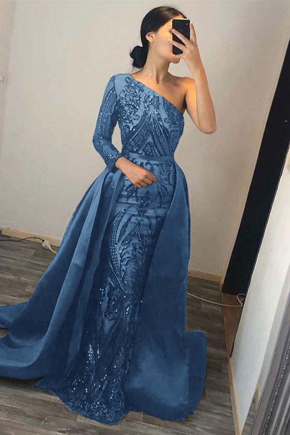 Dark Green Overskirt One Shoulder Long Sleeve Mermaid Prom Dress With Sequins